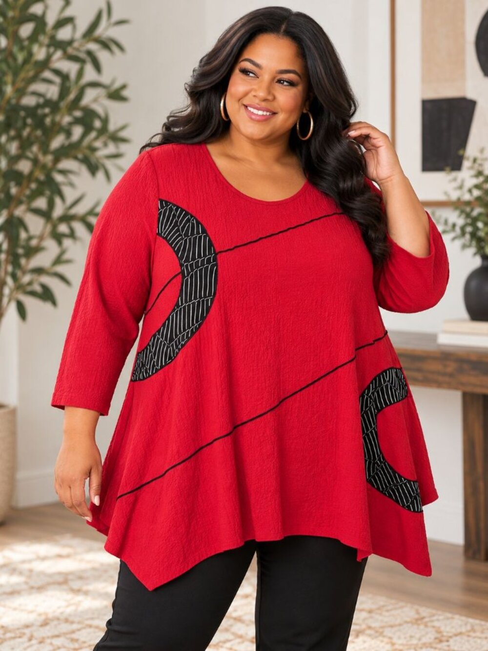 Moonlight Women's Red Art to Wear Tunic XXL Boho Abstract Applique Top